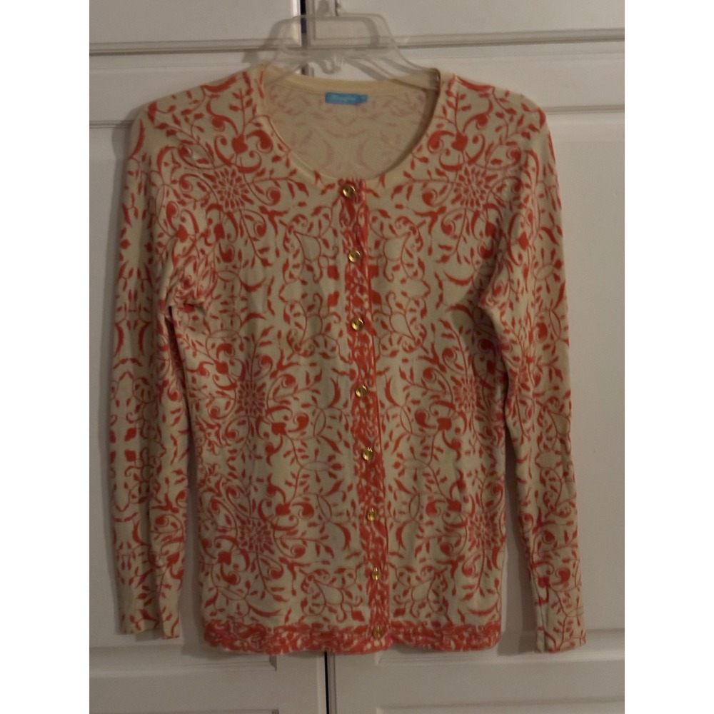 J.McLaughlin Womens XS Cardigan Sweater Orange Coral Damask Floral Gold Button